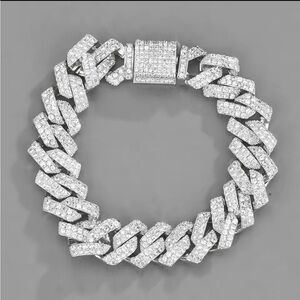 Iced Out Miami Cuban Link Bracelet 8” Silver Tone Stainless Steel Bling Chain